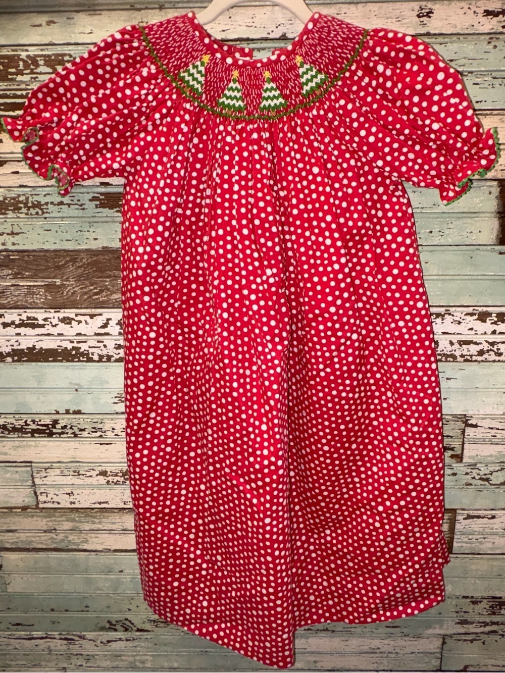 Silly Goose Red Polka Dot Smocked Bishop Dress embroidered Green Tree Accents